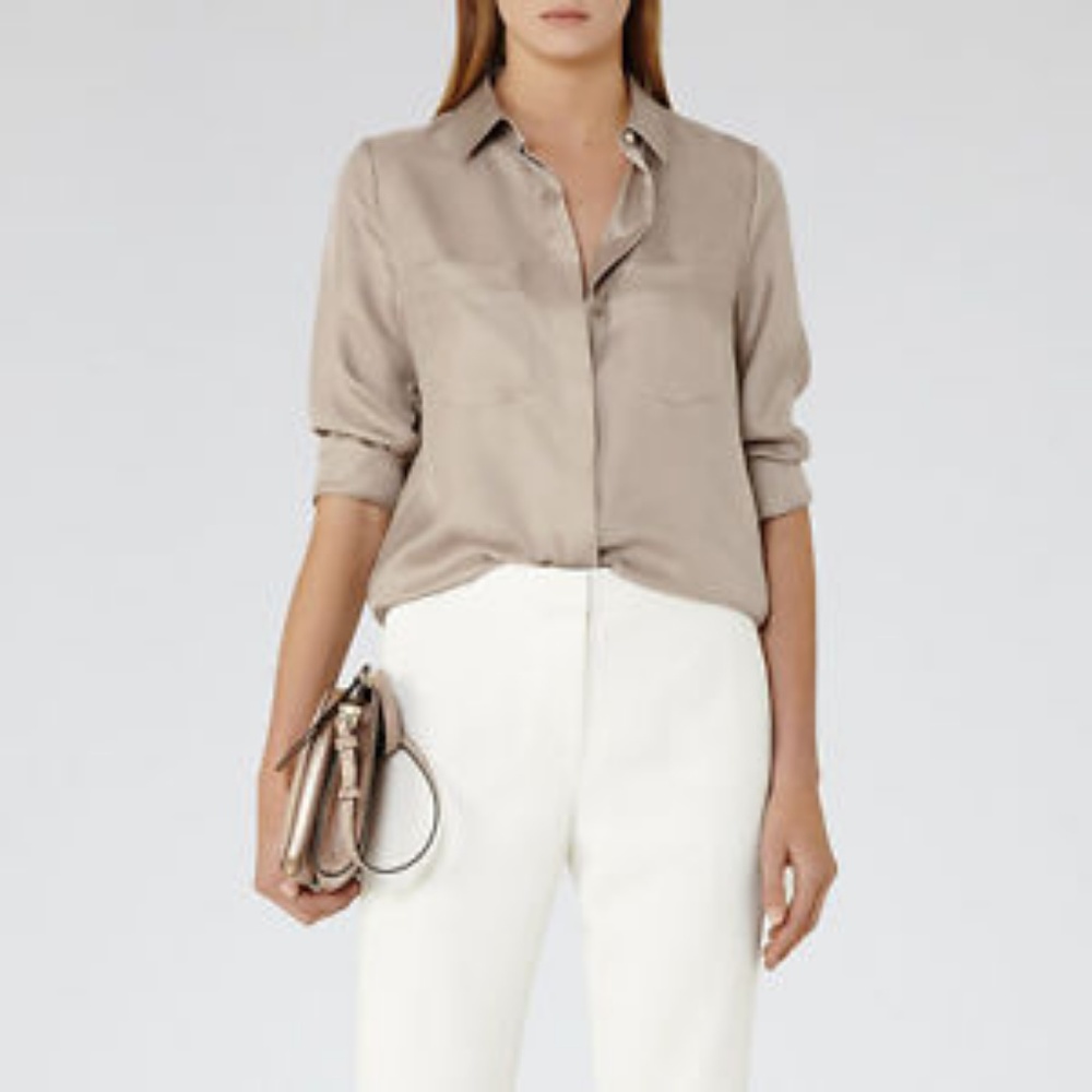 Reiss  Meera Tiramisu Silk Pocket-Front Shirt Sz 4